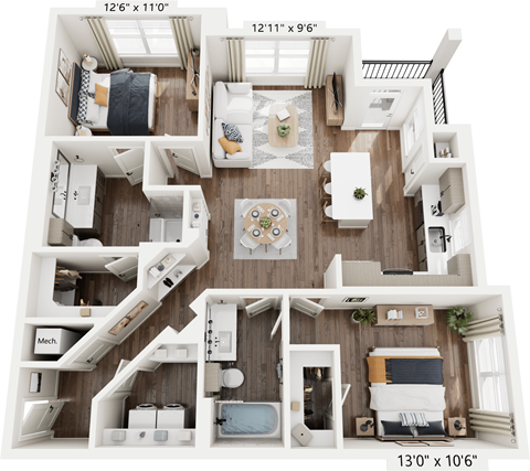 a 3d floor plan of a bedroom with a bathroom and a living room